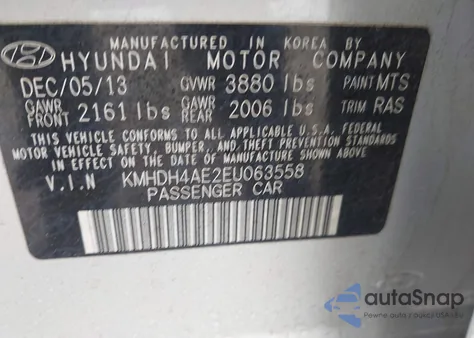 2014 Hyundai Elantra Se from USA, damaged, VIN KMHDH4AE2EU063558